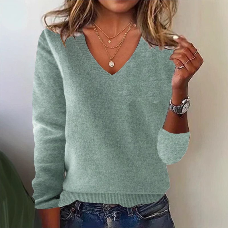 Ribbed Knit Sweater - Women's V-neck Sweater Elegant Long Sleeve