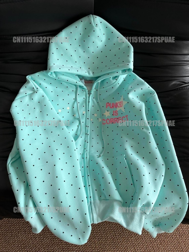 Women'S Fashion Zip Up Hoodies - American Style Polka Dot Star Sweatshirts