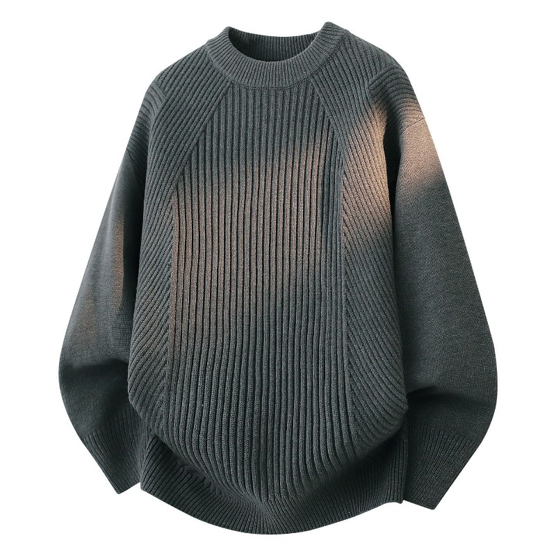 Ribbed Knit Sweater - Women Crew Neck Diagonal Rib Knit