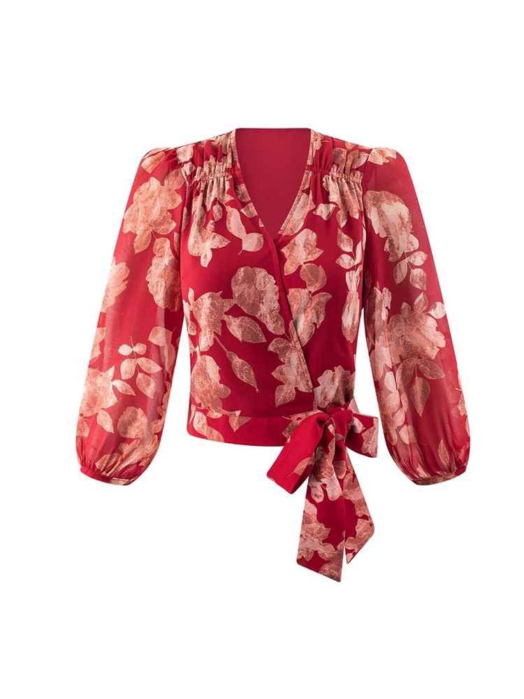 Wrap Blouse Chiffon - Women V-neck Wrap Bandage Blouses Floral