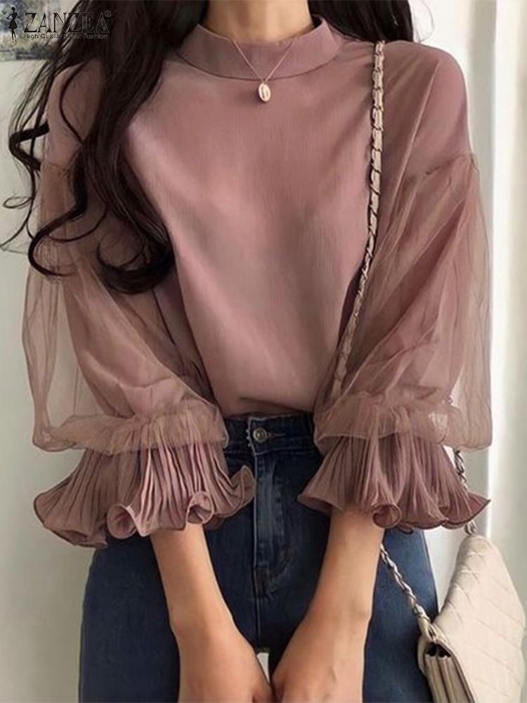 Wrap Blouse Chiffon - ZANZEA Women Elegant Mesh Ruffle 3/4