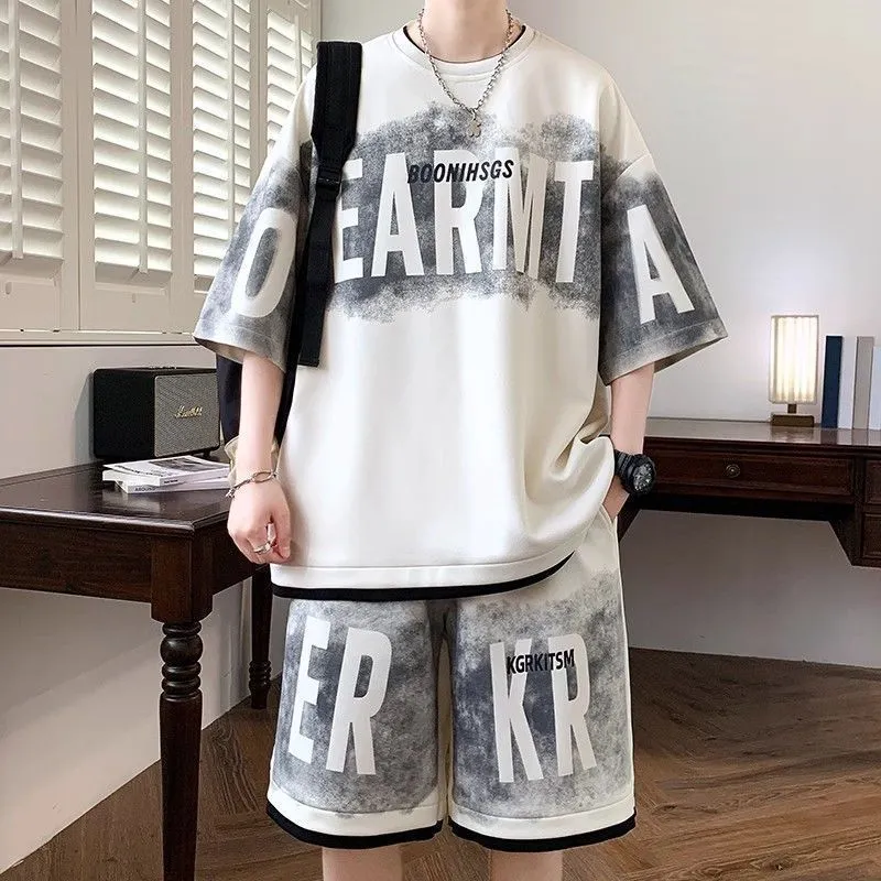 Tie Dye Two Piece - Men Tie Dye Letter Print Two
