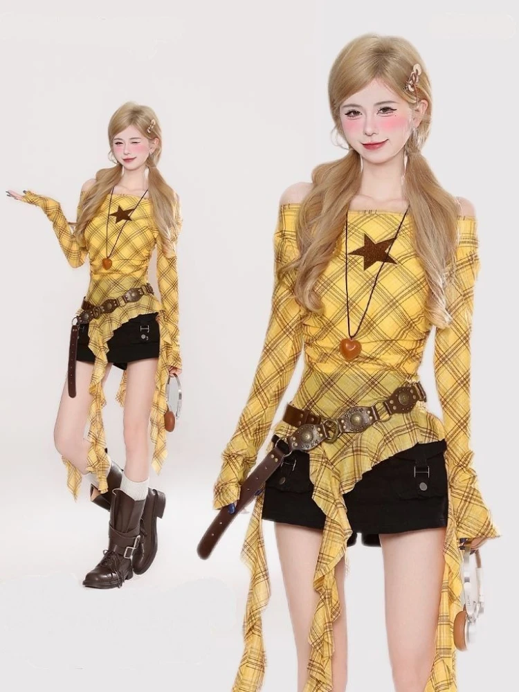 Y2K Plaid Slash Neck Vintage T - Women Top Fashion review and price