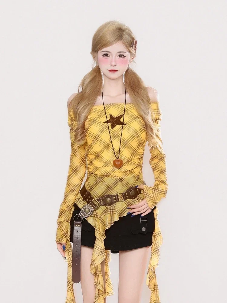 Y2K Plaid Slash Neck Vintage T - Women Top Fashion review and price