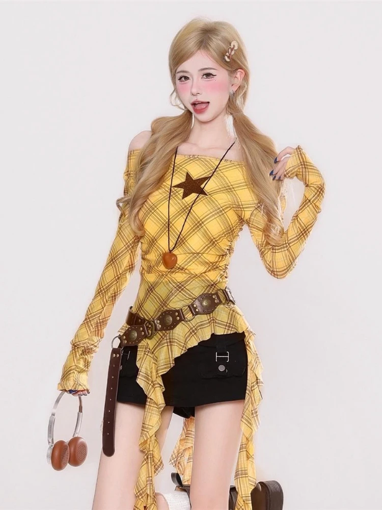 Y2K Plaid Slash Neck Vintage T - Women Top Fashion review and price