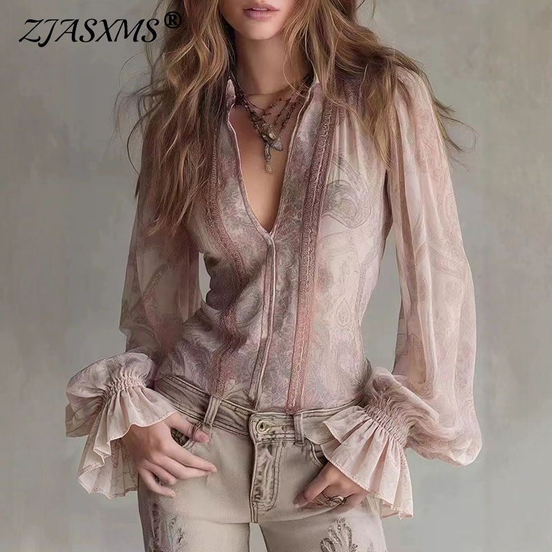 Retro Printed Sheer Blouses Wo - Wrap Blouse Chiffon review and price