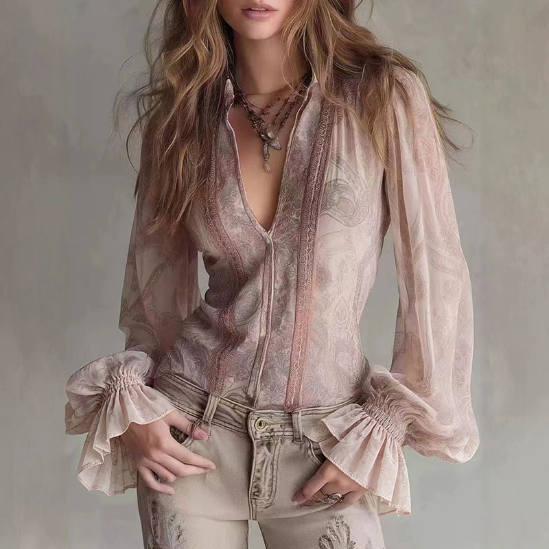 Retro Printed Sheer Blouses Wo - Wrap Blouse Chiffon review and price