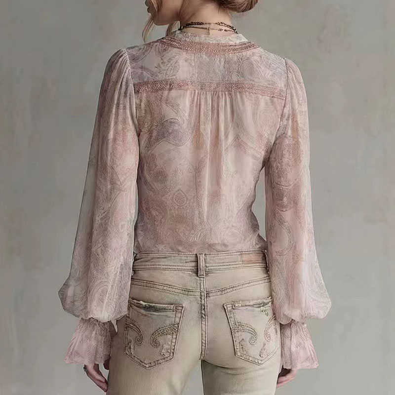 Retro Printed Sheer Blouses Wo - Wrap Blouse Chiffon review and price