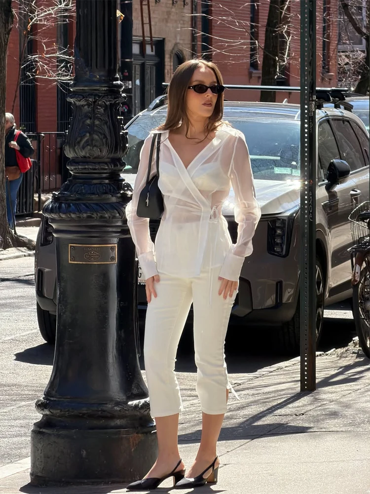 Women's White Sheer V Neck Tie - Wrap Blouse Chiffon review and price