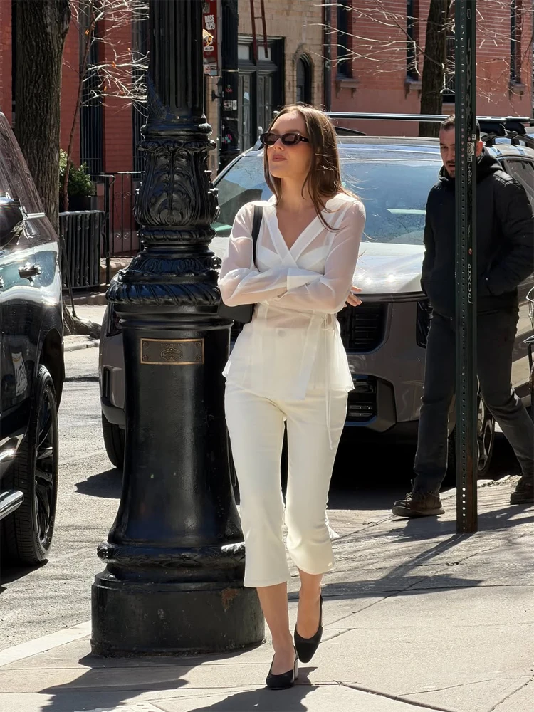 Women's White Sheer V Neck Tie - Wrap Blouse Chiffon review and price