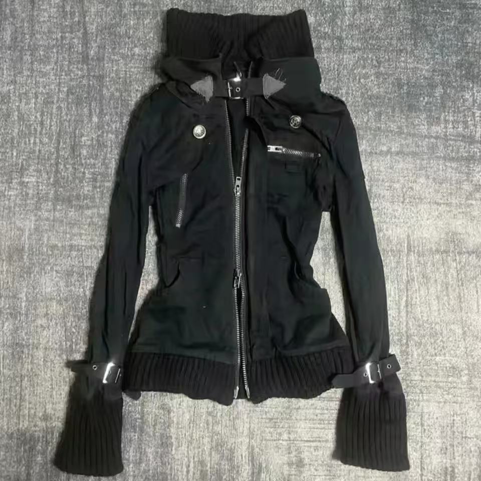 Y2K Gothic Black Slim Double Z - Women'S Fashion Zip Up Hoodies review and price