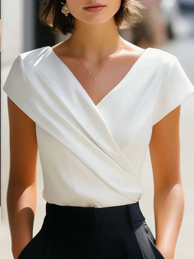 Summer Womens Blouse Solid Whi - Wrap Blouse Chiffon review and price