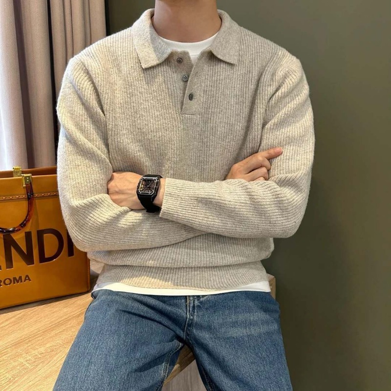 Men Lapel Collar Single Button - Ribbed Knit Sweater review and price